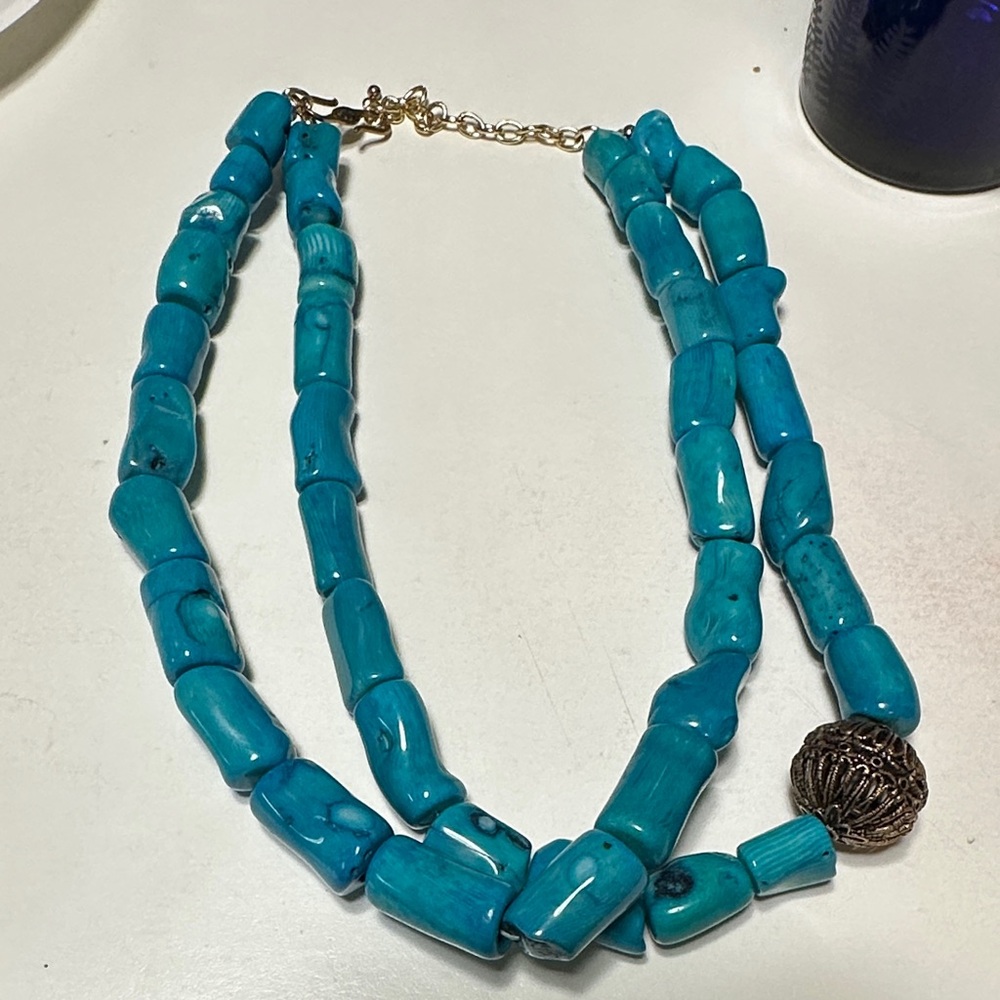 Blue Dyed Coral Studio Barse (Turquoise color) Necklace with Bead - Picture 1 of 12